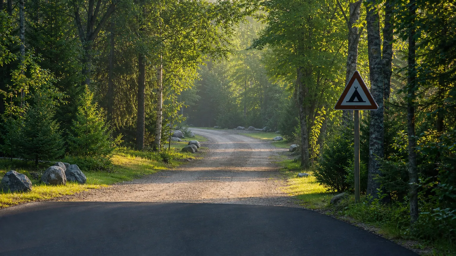 Droga dojazdowa do kempingu przez las, tabliczki informacyjne, utwardzona nawierzchnia